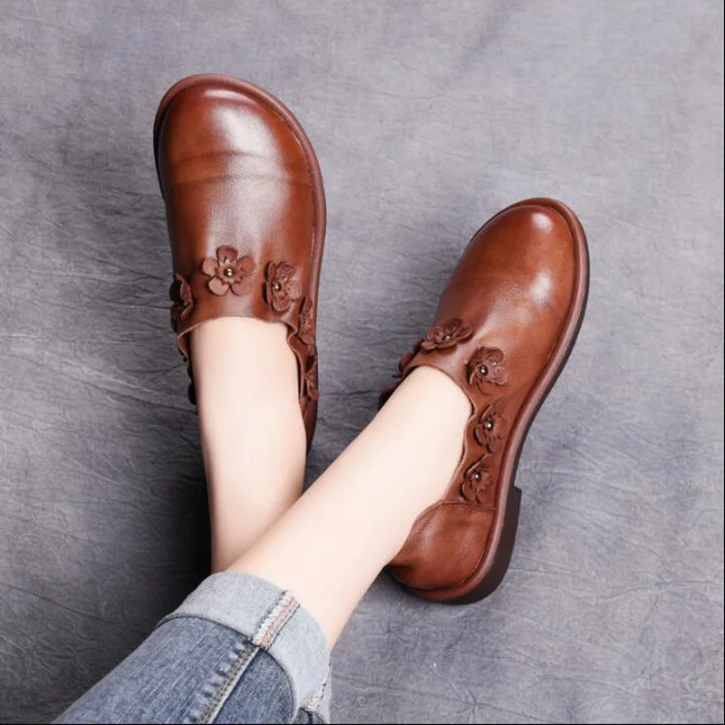 2020 New Women Flat Shoes Round Toe Slip-On Handmade Shoes Woman Genuine Leather Singles Shoes Women Loafers