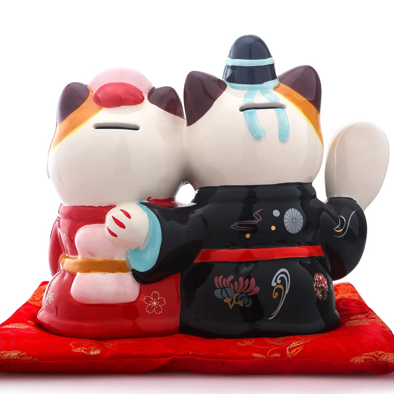 9 дюймов Свадебные Maneki Neko орнамент керамическая пара Lucky Cat подарок для украшения дома фэн шуй Копилка статуя