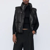 2021 black stand collar vests women fashion zipper pu leather coats women elegant autumn winter short vests female ladies
