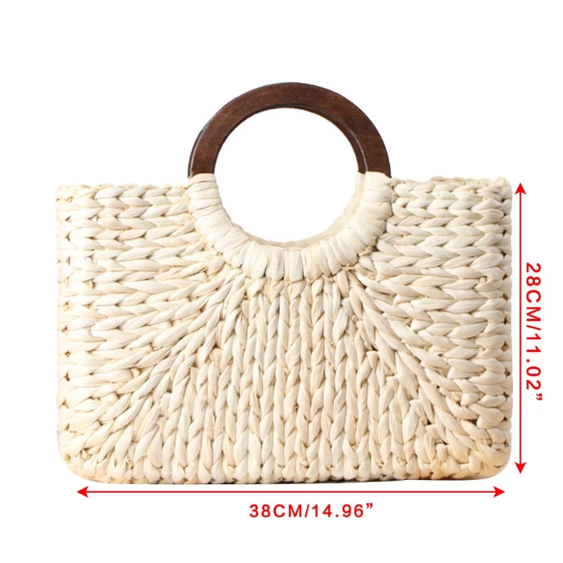 

066C Straw Woven Handbag Rattan Tote Bag Wood Handle Clutch Bags Retro Design Summer Beach Wicker Bag Trendy Photo Props