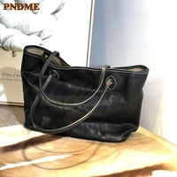 pndme casual luxury natural genuine leather women black large capacity tote bag outdoor daily work handbag shopping shoulder bag