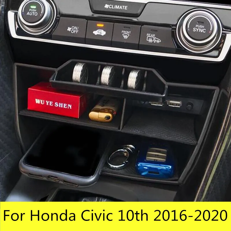 

Car Black ABS Inner Console Central Storage Box USB Port For Honda Civic 2016 2017 2018 2019