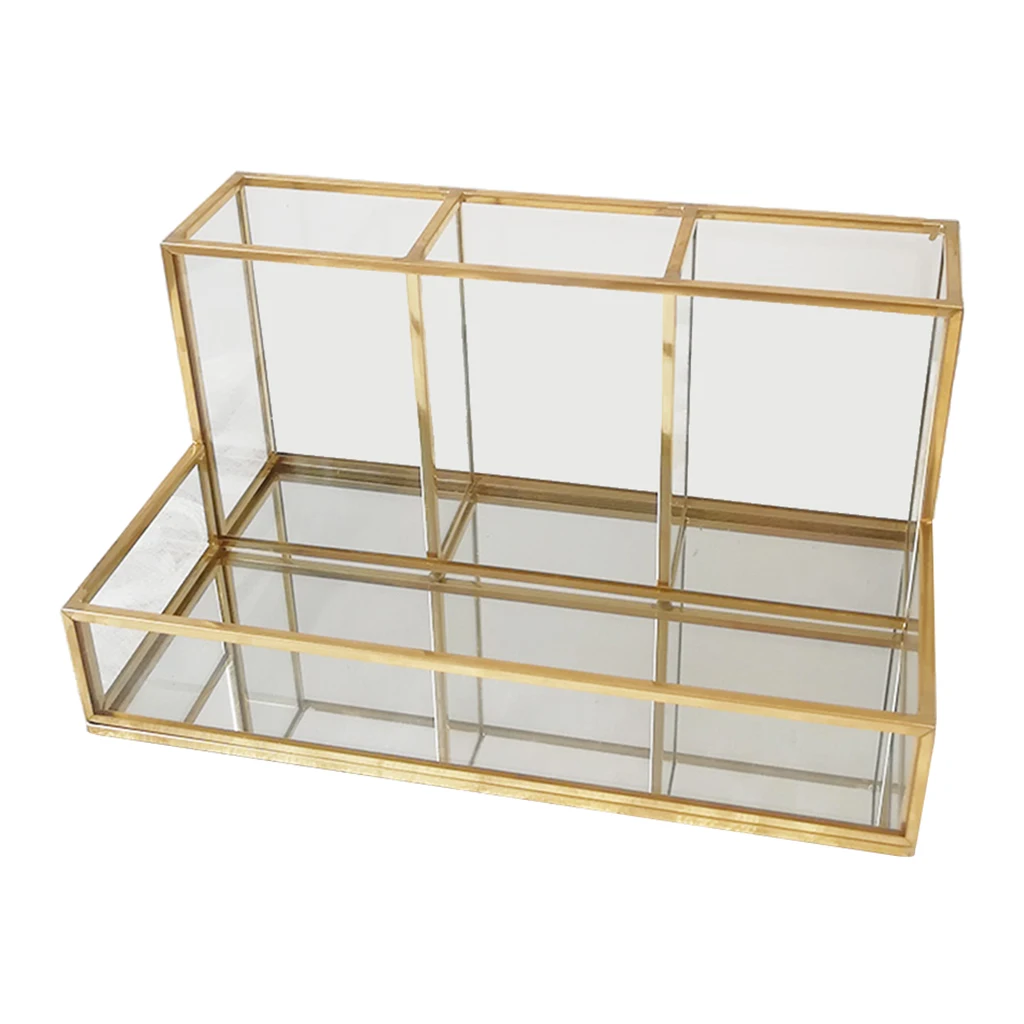 

Gold Glass Makeup Brush Storage Box Pen Pencil Pot Holder Cosmetic Container Desk Organizer Stand Accessory