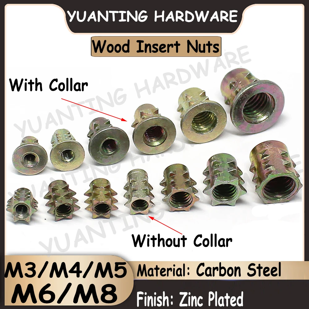 10-30Pcs M3 M4 M5 M6 M8 Color Zinc Plated Carbon Steel Spiked Nuts Connect Nuts Wood Insert Nut with Collar and without Collar