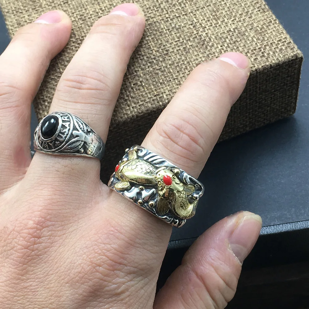 

EarringS925 Sterling Silver Carp Koi Ring for Men Opening Type Lucky Fish Ring Good Color Vintage JewelryRings