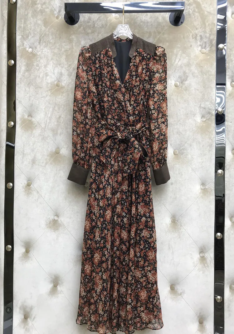 2020 модное женское весеннее длинное платье с v образным вырезом и принтом