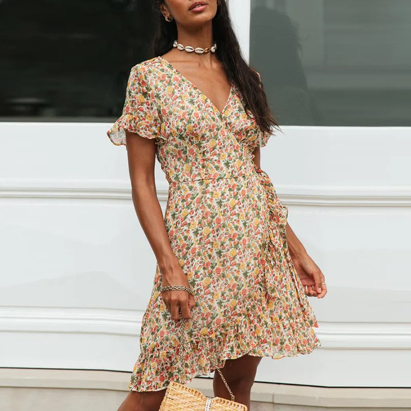 

Fashion Casual Women Print Mini Dress 2020 Summer Elegant V-neck Ruffles Slim Dress Ladies