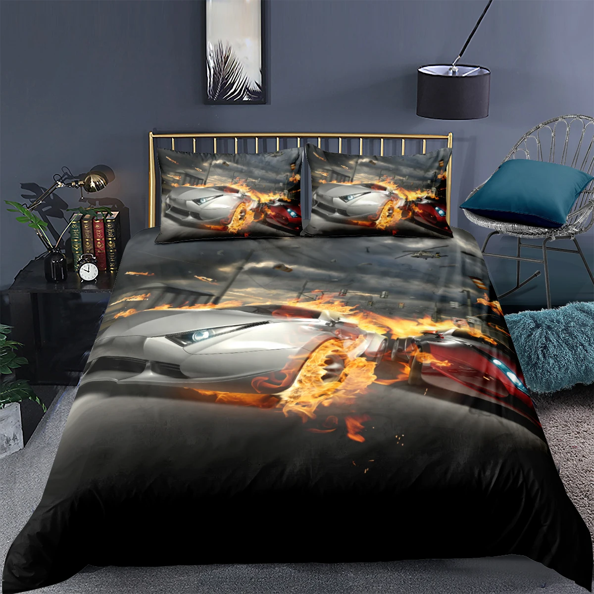 

3D Gray Comforter Covers Motorcycle race Quilt Cover Set Pillow Cases King Queen Super King Twin Size 140*210cm Car Beddings