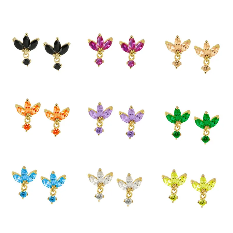 

CCFJOYAS Minimalist Cute 925 Sterling Silver Stud Earrings Yellow/Purple/Green/Black/White Color Three Zircon Studs earrings