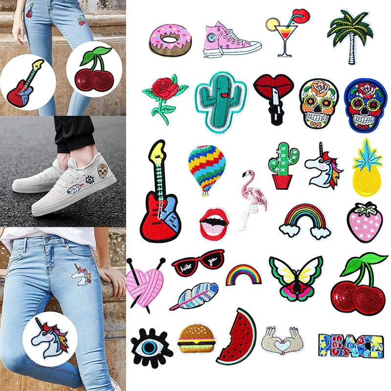 

DIY Embroidery Patches For Clothing Iron On Patches Cartoon Cute Stickers Eye Fruit Lips Self Adhesive