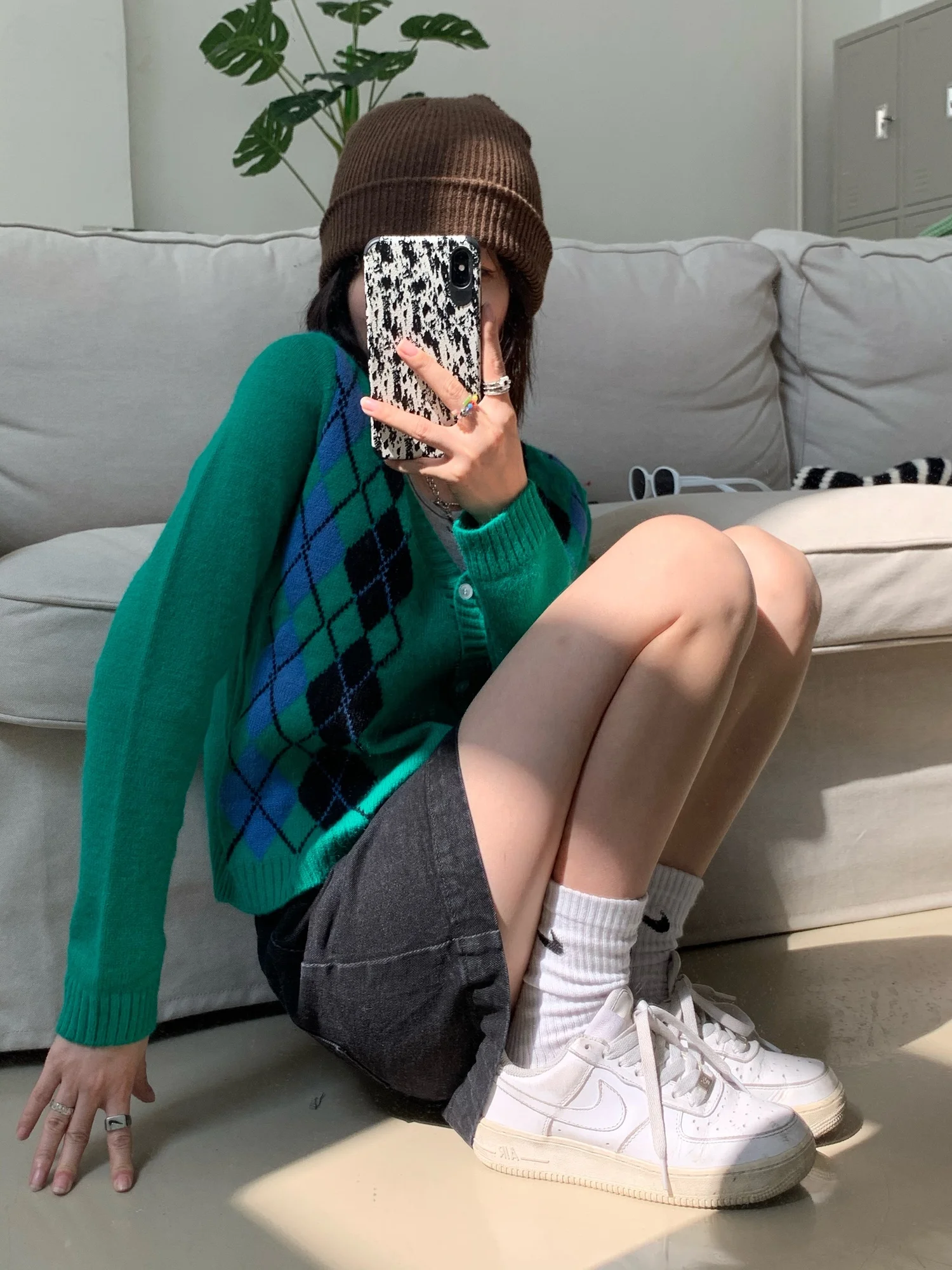 Зеленый ромбовидный вязаный кардиган пальто новый дизайн 2021 короткий