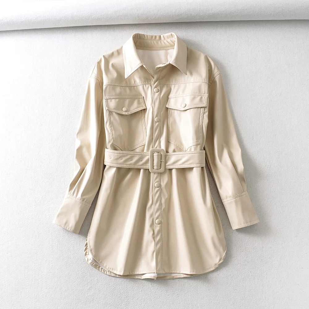 Женская куртка из искусственной кожи ZA элегантное пальто с поясом на пуговицах