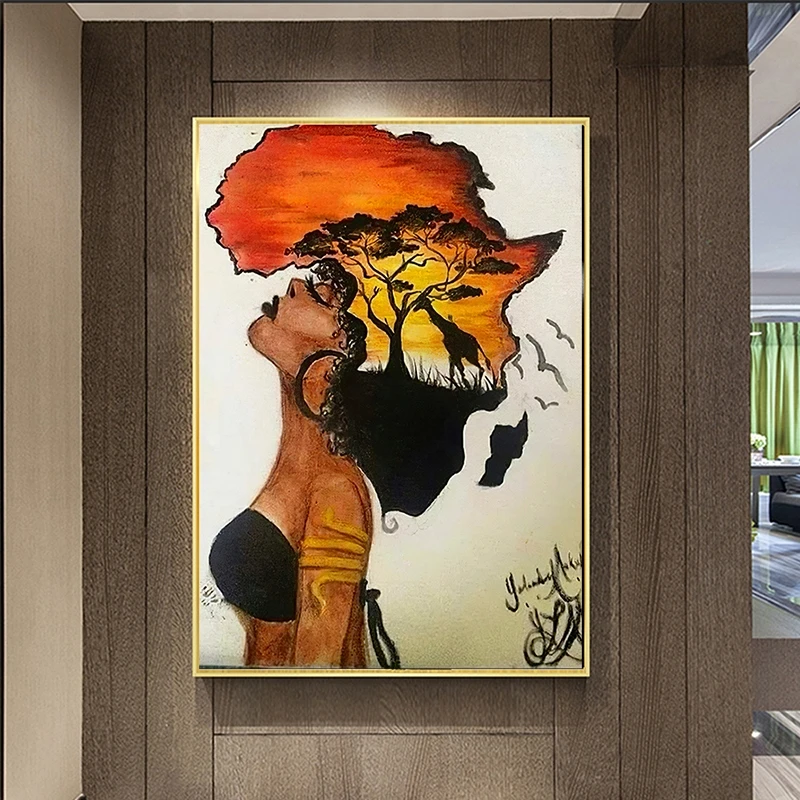 

Classical African Woman Paintings on The Wall Abstract Africa Map Shape Head Wall Art Canvas Prints and Posters for Home Decor