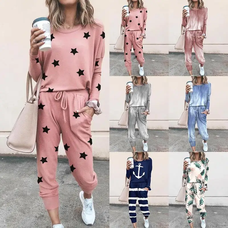 

2020 Autumn And Winter Tracksuit Women Jogging Clothes Printed Five-pointed Star Two Piece Set Top and Long Pants Casual Suits