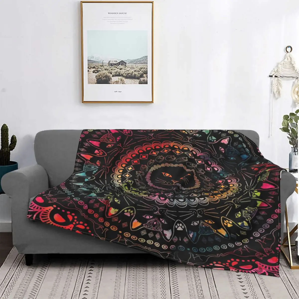 

Manta de gatito arcoíris con Mandala, colcha para cama a cuadros, toalla, manta doble, ropa de cama y fundas