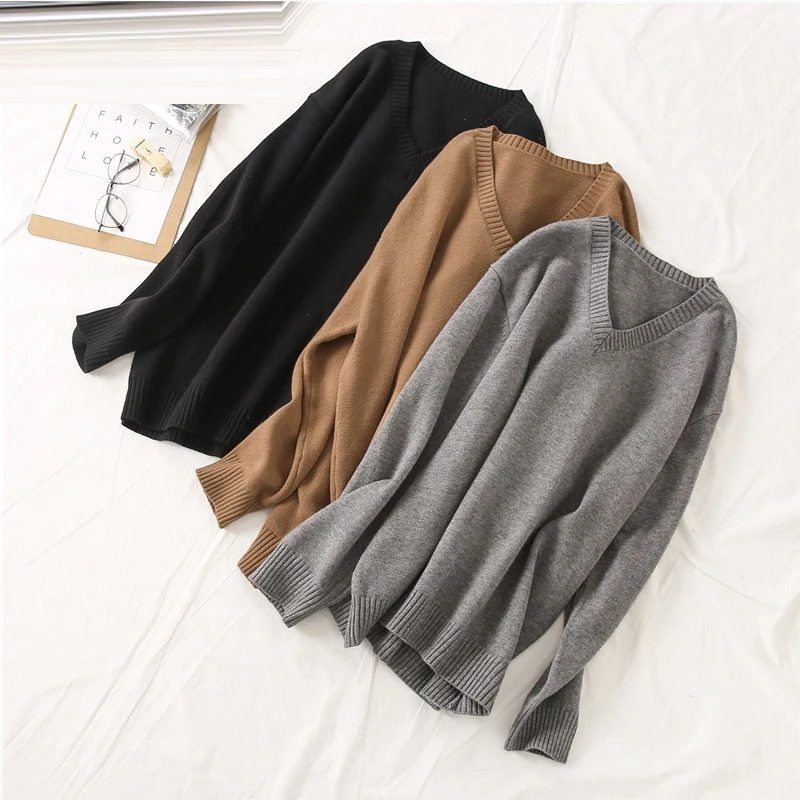 

Simple Oversized Women's Basic Loose V-Neck Sweater Fashion Solid V-neck Office Lady Xl-3XL Large Multi Color Casual Sweaters