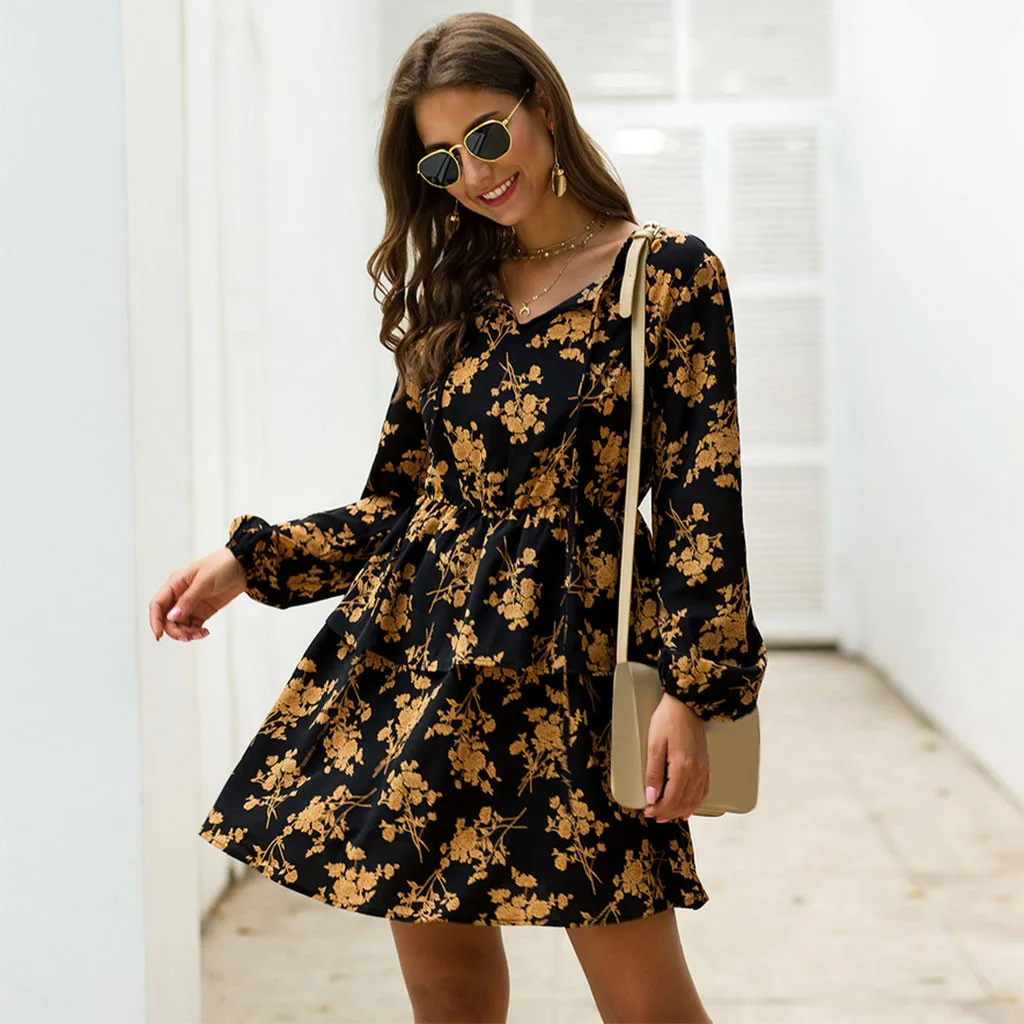 Летнее платье с длинным рукавом принтом высокой талией праздничное Повседневное