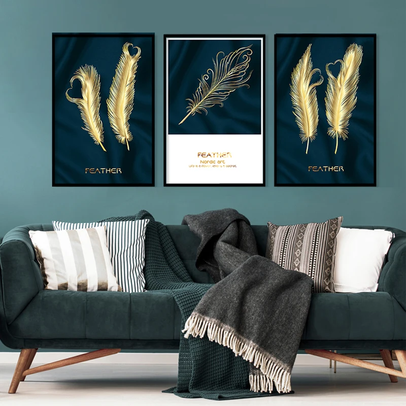 

Nordic Minimalist Poster Golden Feather Painting Wall Art Pictures Prints Canvas Poster Living Bedroom Room Home Decoration