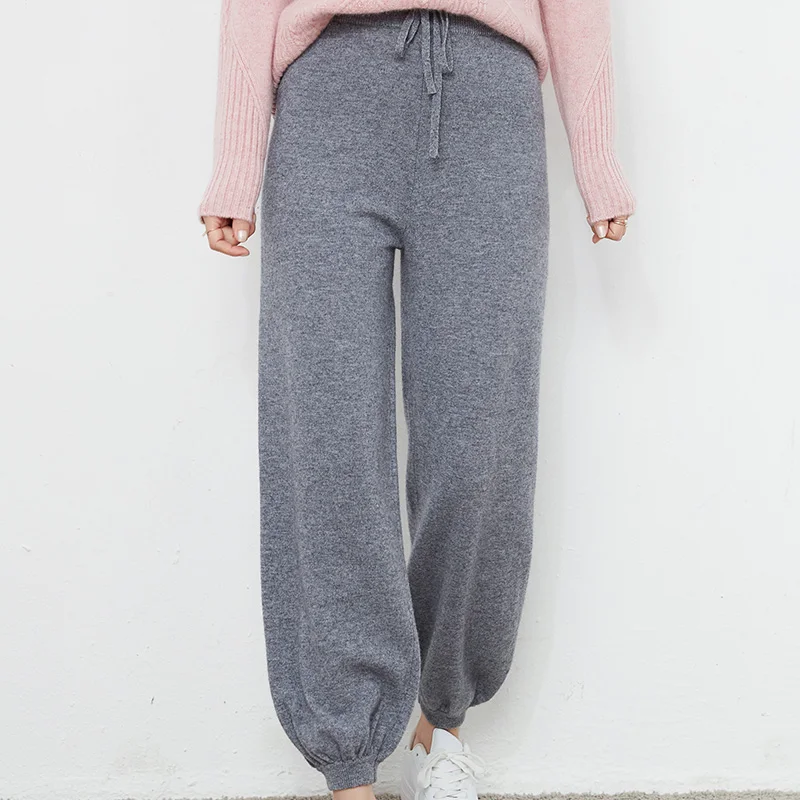 

Брюки из чистой шерсти брюки осень-зима 2021 женские кружевные трусы повседневные трикотажные свободные однотонные брюки большого размера т...