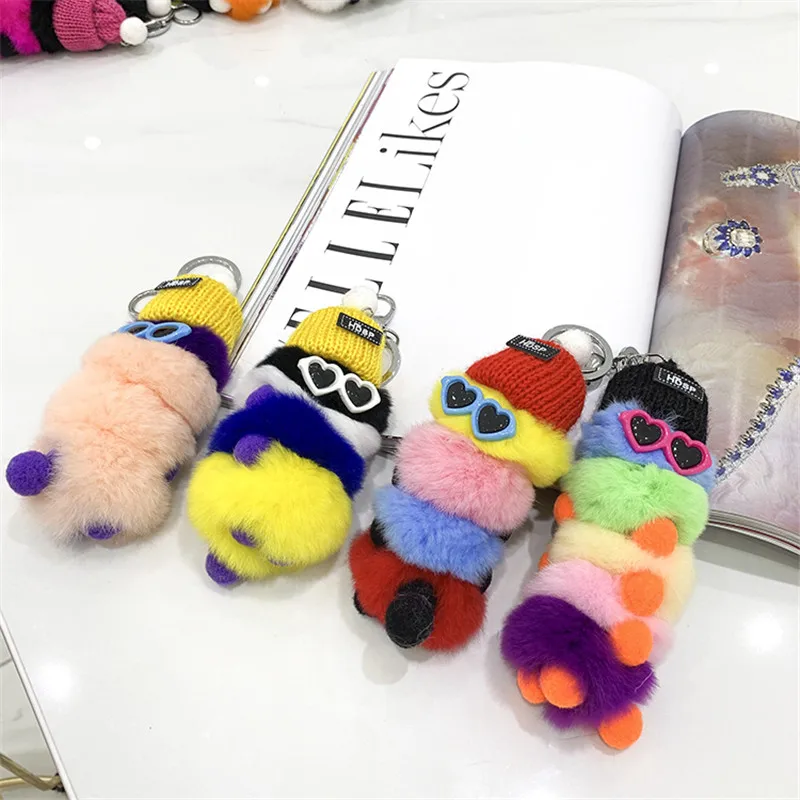 Women Genuine Rex rabbit fur Pendant Colorful caterpillar Fur Keychain Fluffy Toy Bag Car Charm Key Ring Couple Hanging chain | Украшения и