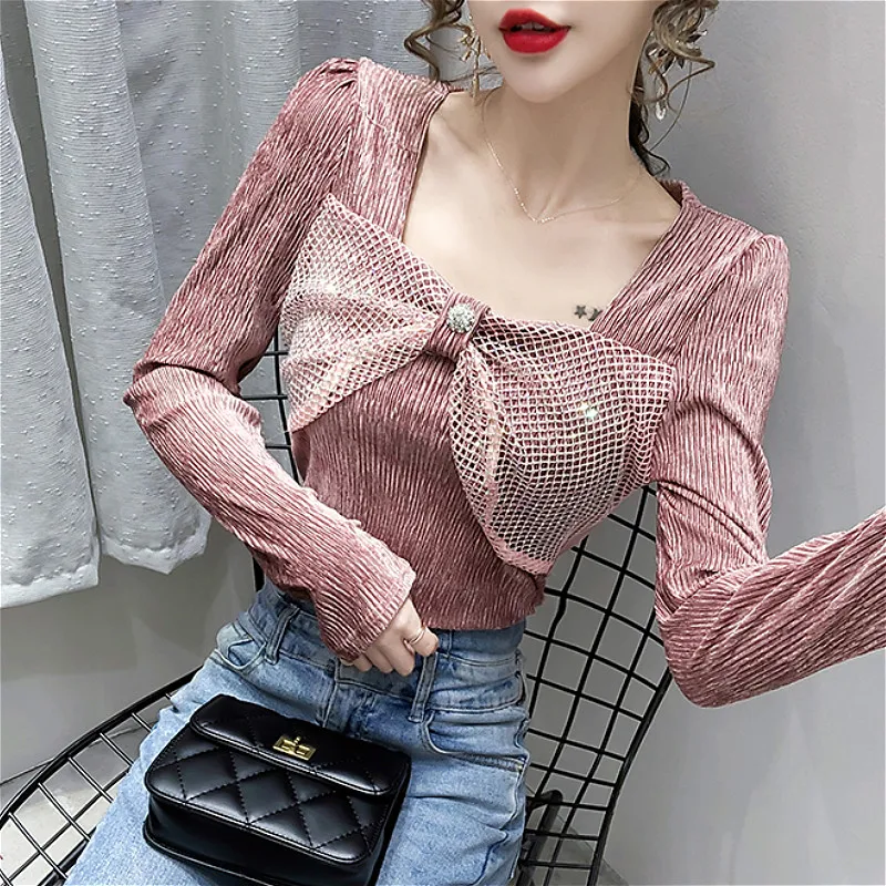 

Kimutomo Casual Korean Hot Drilling Bowknot T-shirt Women French Style Square Collar Long Sleeve Pullover New Spring 2021