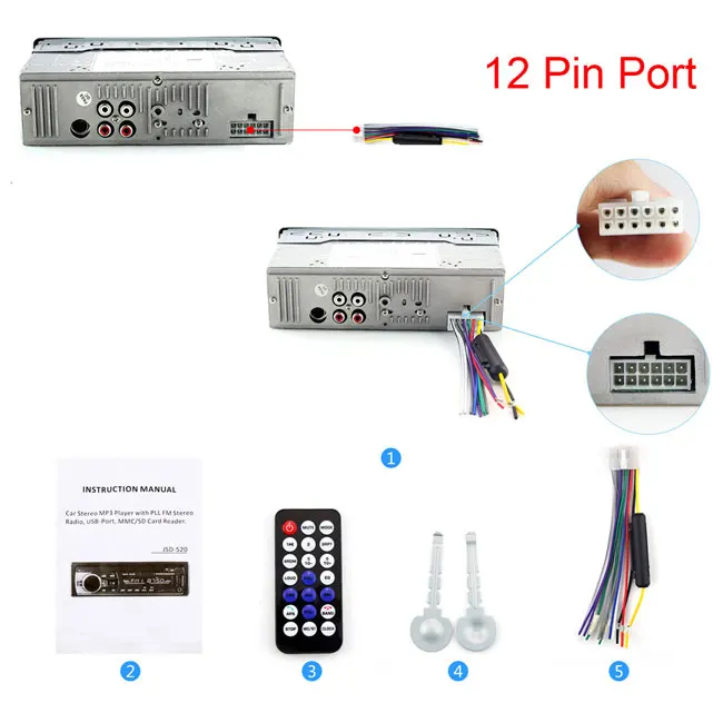 12 Pin Port Автомобильный радиоприемник с Bluetooth автомобильный стерео радио FM Aux вход приемник SD USB JSD-520 12 В в-тире 1 din автомобильный MP3 мультимедийный плеер Automotivo - Цвет: 12 Pin Port