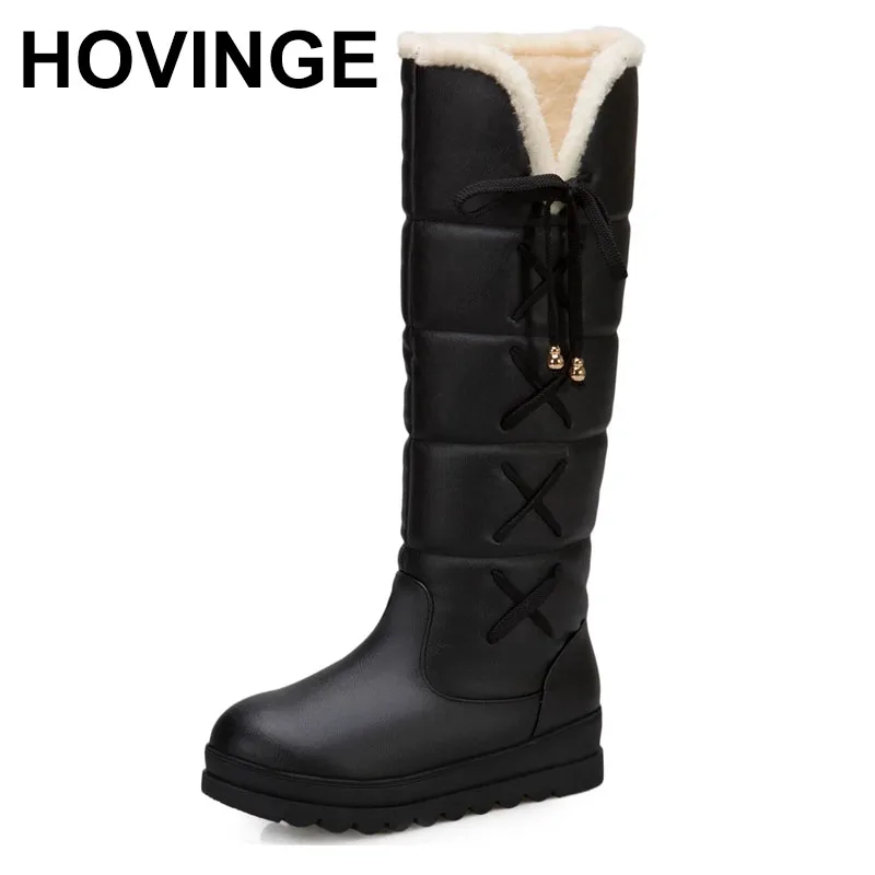 

HOVING Winter Women Flat Snow Boots Knee High Platform Non Slip Warm Plush Boot Lady Shoes White Red Black Plus Size 34-44