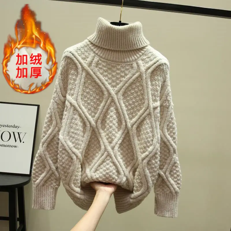 

Fleece Thick Turtleneck Sweater Lady 2021 Korean Version of the Loose Short Warm Coarse Wool Bottoming Shirt