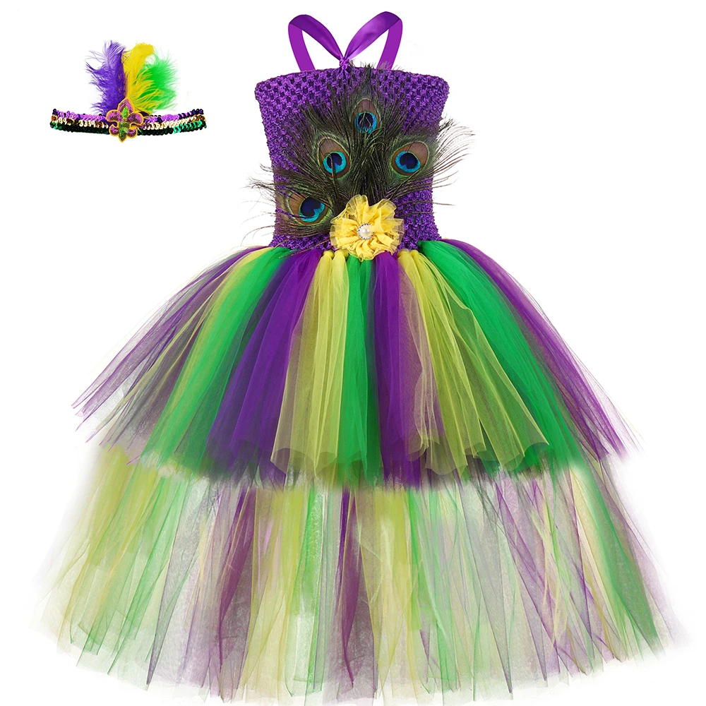 

Платье-пачка с пачкой и перьями павлина для девочек, Детский костюм принцессы, костюм павлина для Хэллоуина, карнавала, вечевечерние в джунглях