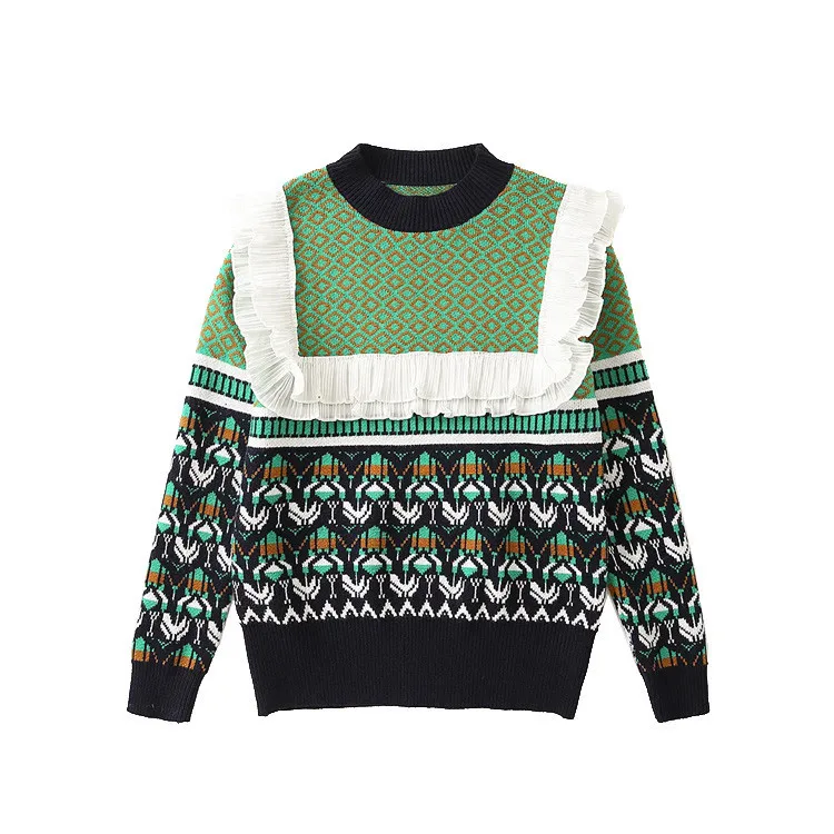 

Women Retro Chic Splicing Color Winter Green Ruffles Argyle Warm Clothing Knitted Flower Pattern Woman Woolen Short Pullover