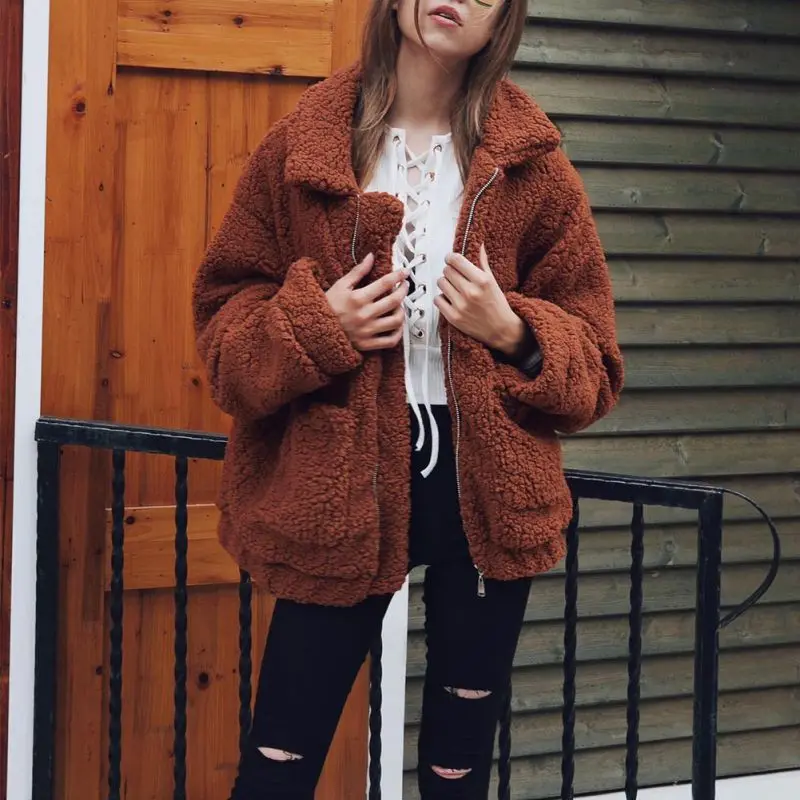 Red Brown Осенне-зимнее женское пальто из искусственного меха, Повседневная теплая мягкая меховая куртка на молнии, плюшевое пальто с карманами размера плюс, плюшевое пальто для женщин XXXL - Цвет: Red Brown