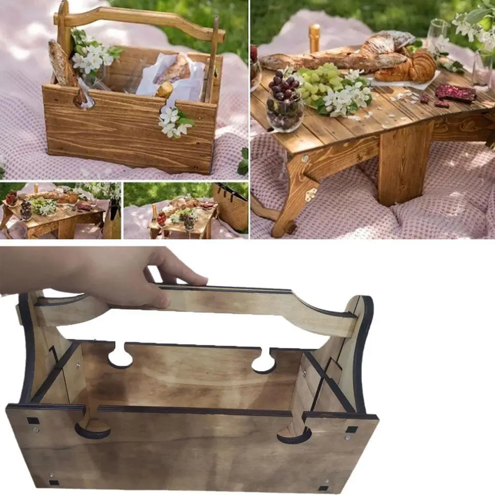 

Portable Wooden Picnic Carry Handle Outdoor Folding Wine Table Removable Wine Glass Holder Furniture Table Fruit Snack Tray Desk