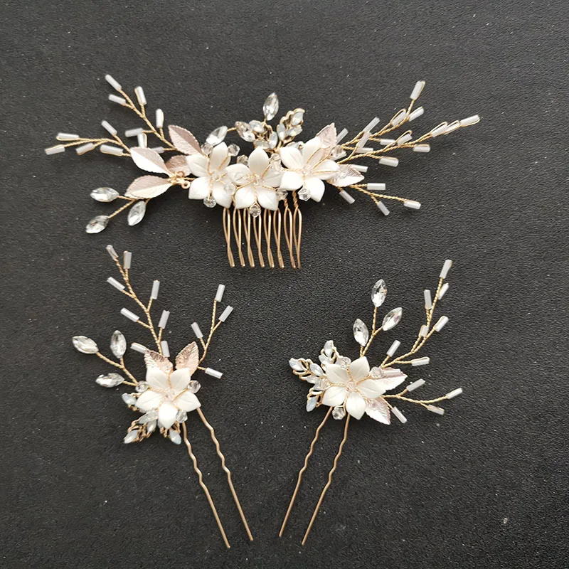 

SLBRIDAL Handmade Rhinestones Alloy Ceram Flower Opal Crystal Bridal Hair Comb Hair Pin Set Wedding Hair Accessory Women Jewelry
