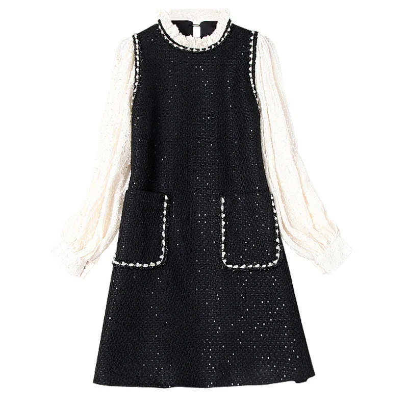 

Autumn / winter 2019 women's new stud bead stand collar Lantern Sleeve stitching tweed show thin A-line dress t10518
