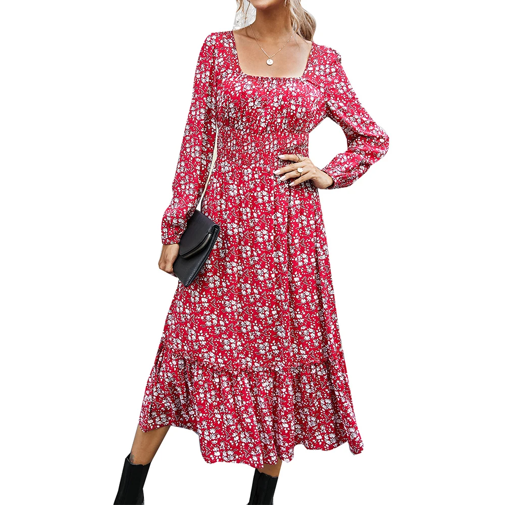 

Sale Women Bohe Floral Print Dress Square Neck Maxi Dress Ladies Long Sleeve Elegant Ruffles Hem Dress Female Robe Vestidos D30