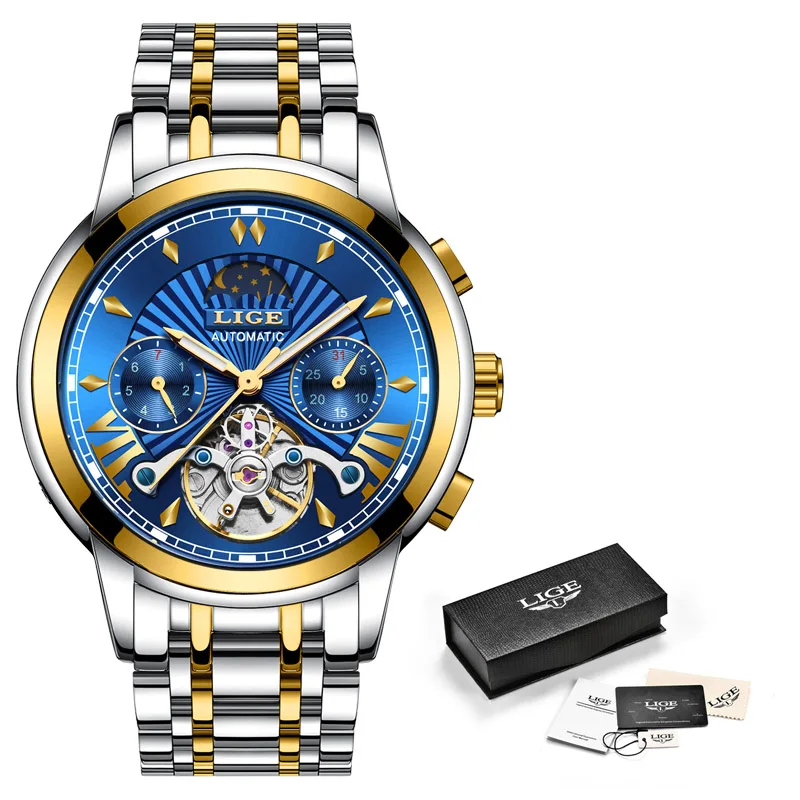 

LIGE Business Mens Watches Automatic mechanical Tourbillon Watch Men Waterproof Stainless Steel Luxury Watches Relogio Masculino