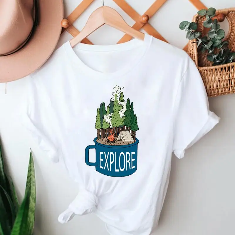 

Summer Fashion aesthetic Forest Adventure Camper Cartoon Short Sleeve Clothes Graphic Women's T-shirt Top Lady Print Female Tee