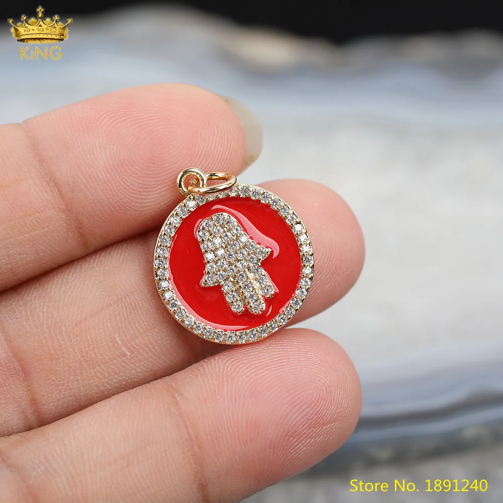 

10pcs Red Blue Enamel Round Pendant Jewelry,Zirconia Hamsa Hand Pendant,Gold CZ Charms For DIY Bracelet Jewelry Making Bulk