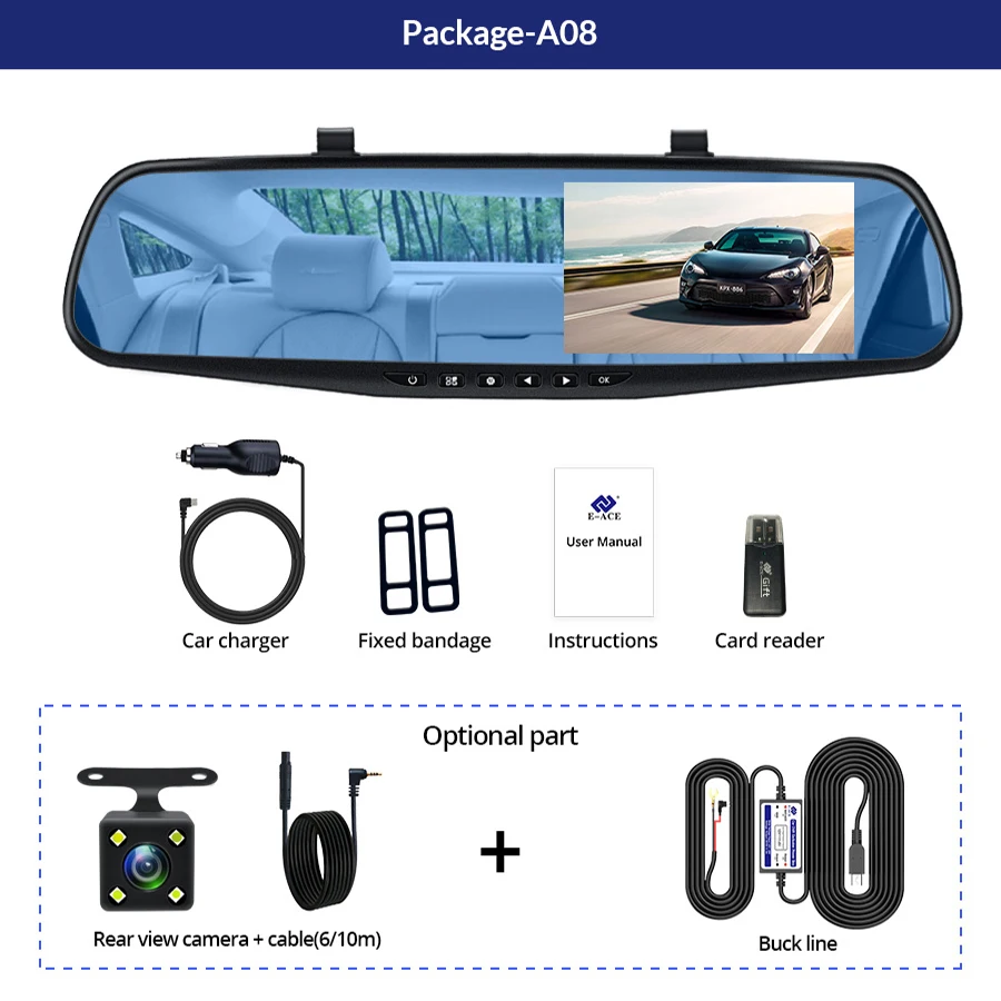E ACE Автомобильная Dvr зеркальная камера 4 3 дюймов FHD 1080P видеорегистратор двойной