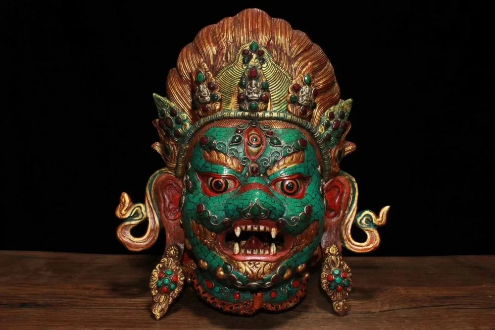 

Рождественский Тибетский буддистский Бронзовый драгоценный камень Махакалы разгневанного божество головы Будды маска статуя повесить на ...