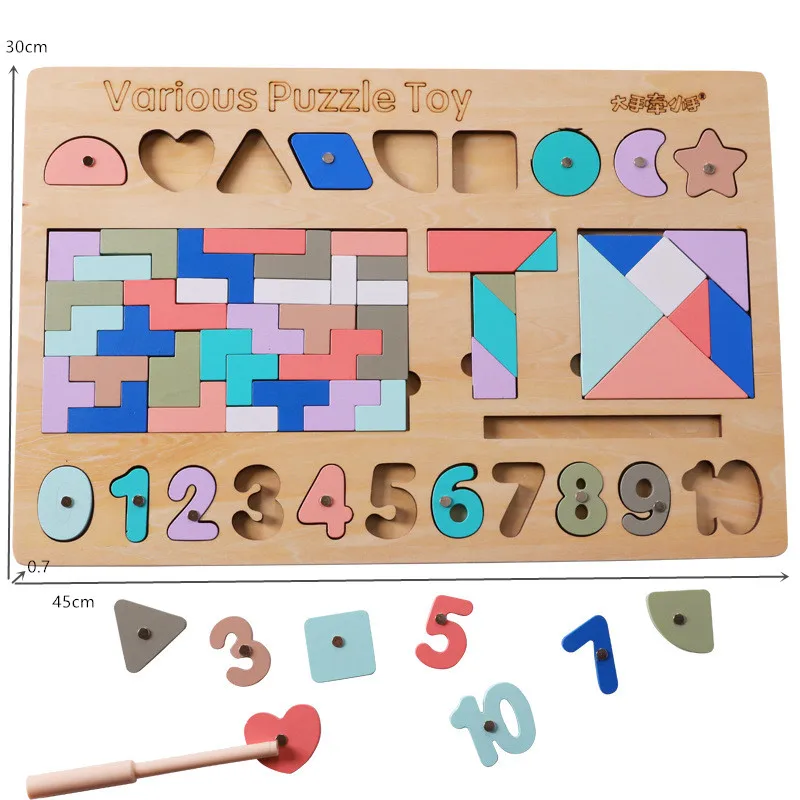 

Children's jigsaw five-in-one educational baby toys digital shape cognitive matching puzzle multi-play fun wooden puzzle toy