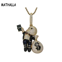 mathalla boy and bag pendant necklace fashionable cartoon character necklace ice out glittering cubic zirconia hip hop jewelry