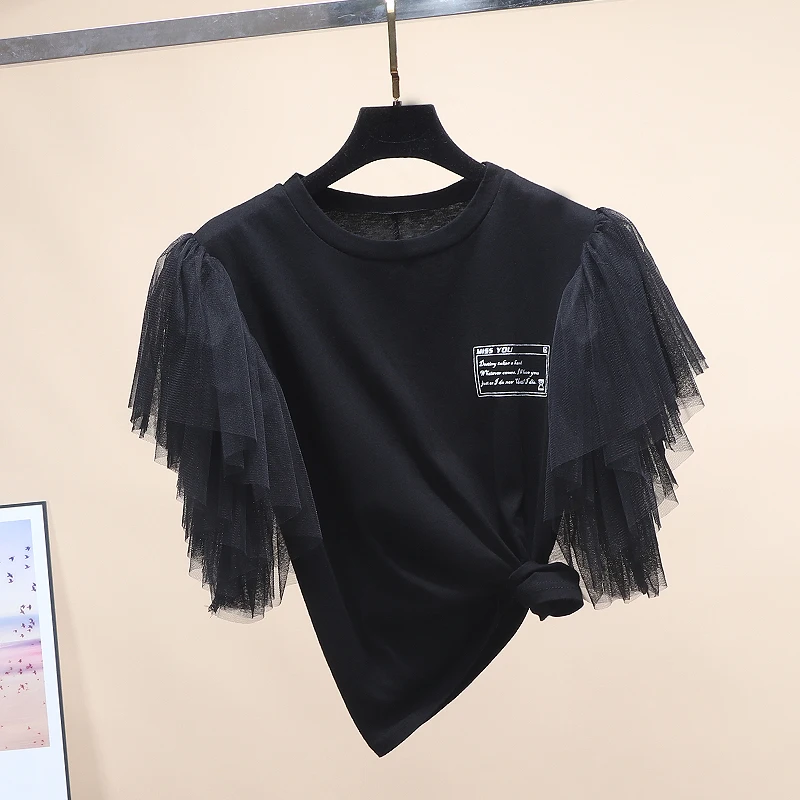 

Summer T-shirt Women 2021 Summer New Letters Printed Mesh Patchwork Short-Sleeved Tshirt Girl Fashion Loose Pullover Top Fashion
