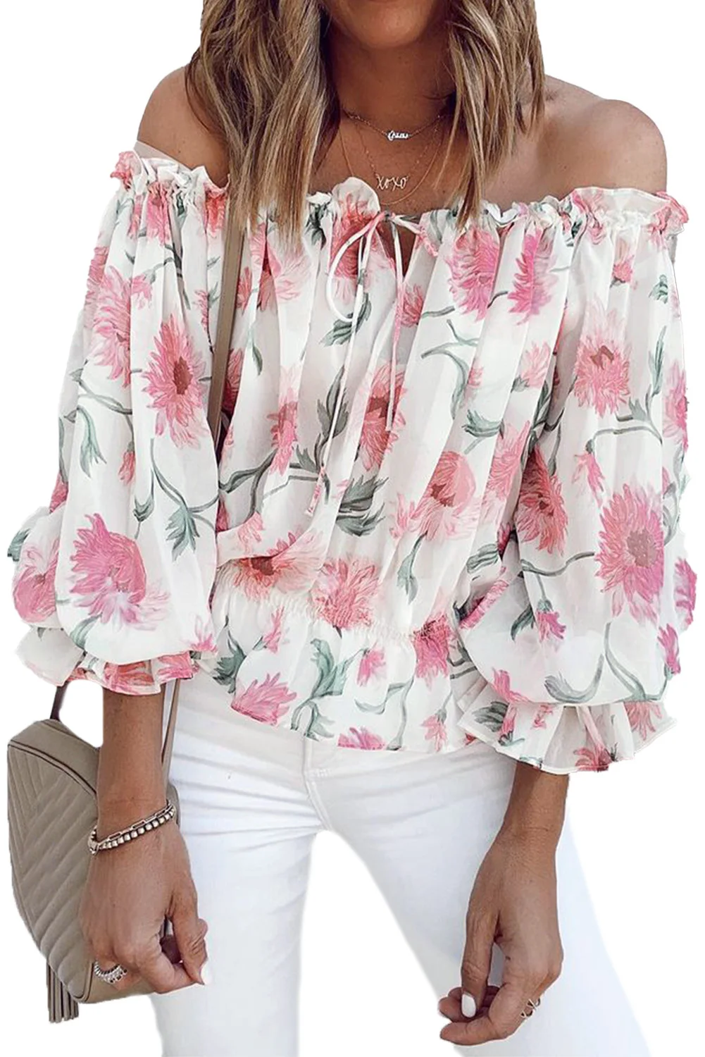 

White Floral Print Off the Shoulder Blouse Women Sexy Casual Flowers Bloom Sweetly Romantic Ruffles Blouse Tops