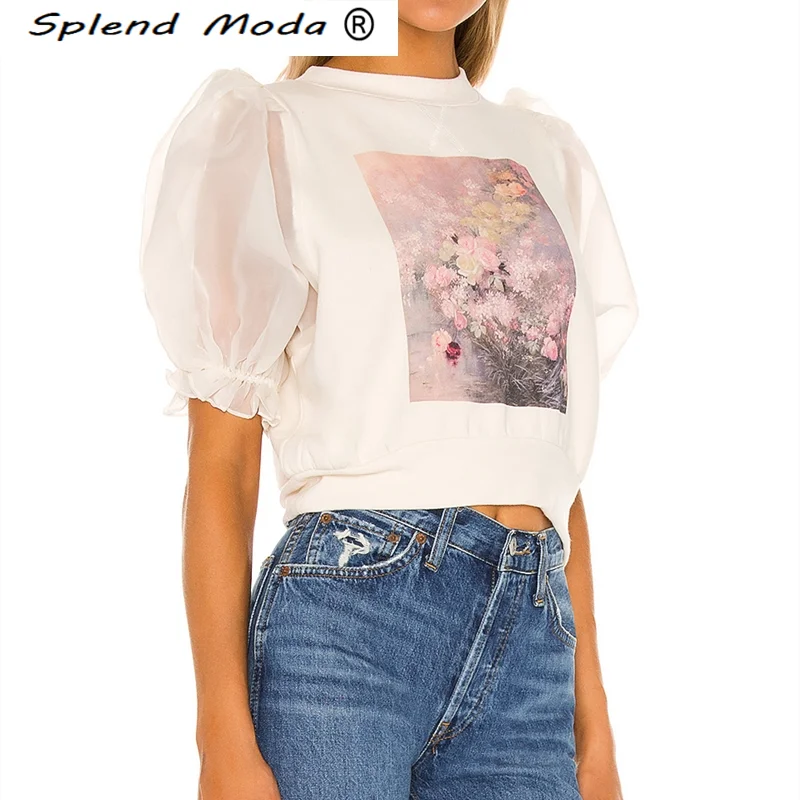 

Splend Moda New Autumn Sweet Chic Floral Printed Pullovers Women Fall Coat Sexy Organza Sleeves Hoodless Tops Female Outwear