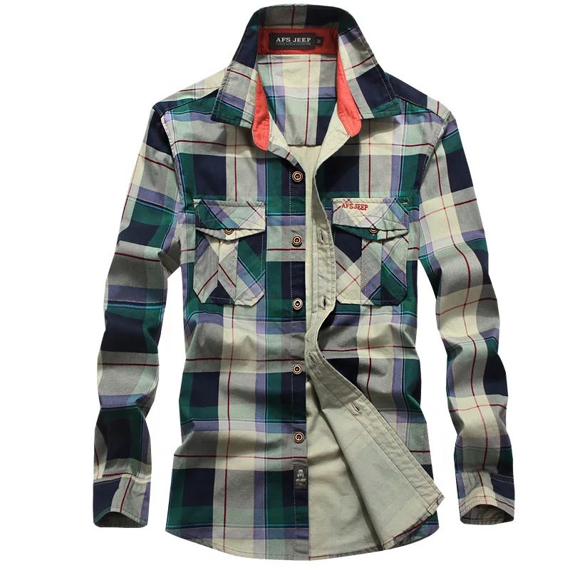 Мужская Повседневная рубашка в клетку свободная хлопковая стиле милитари с