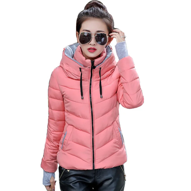 

2021 Hooded Women Winter Jacket Short Cotton Padded Womens Coat Autumn Casaco Feminino Inverno Solid Color Parka Stand Collar