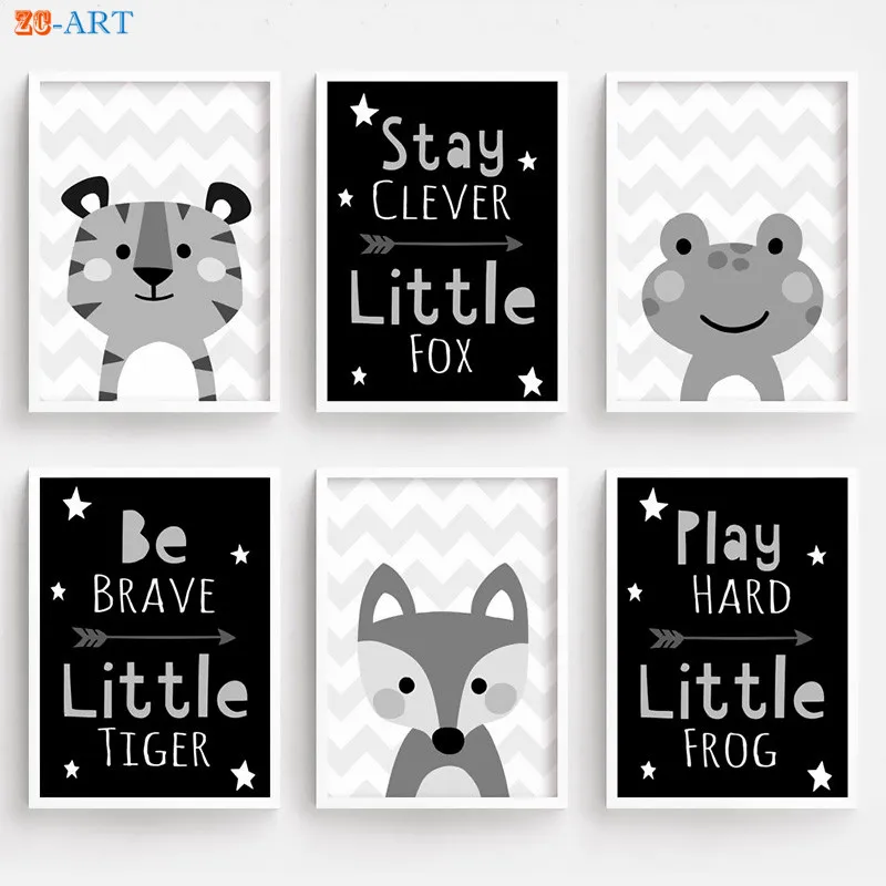 Тигр лиса лягушка с милыми принтами картина рисунком животных Черный и белый