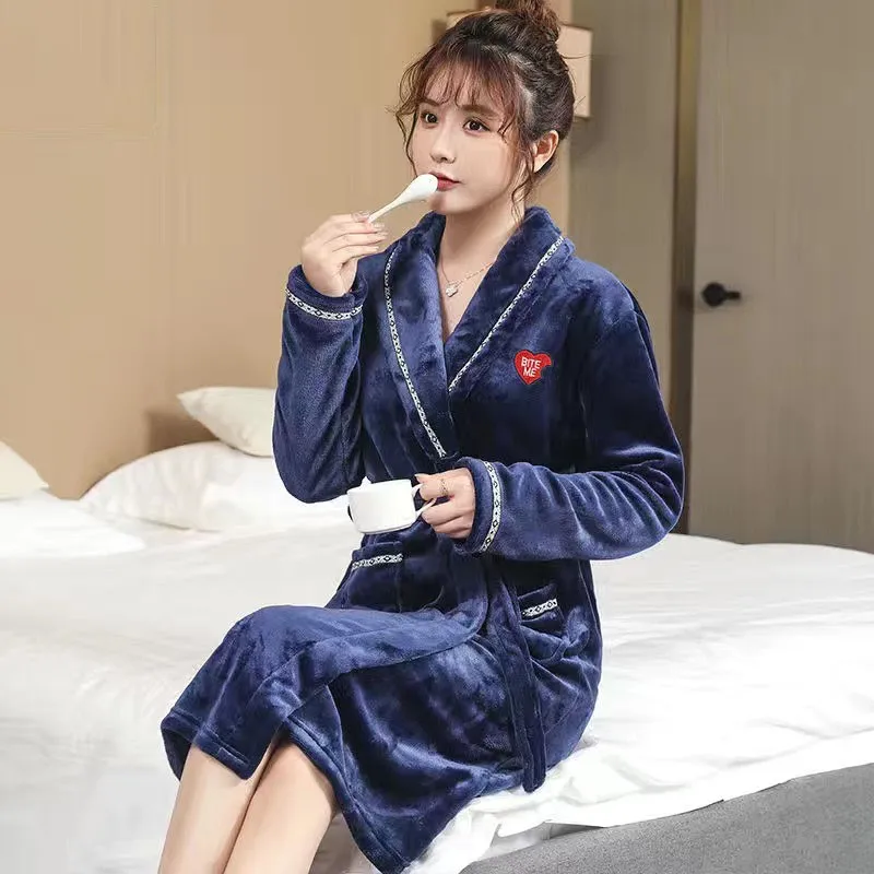 

Thicken Kimono Bathrobe Gown Nightwear Flannel Couple Robe Winter Warm Sleepwear Coral Fleece Nightgown Intimate Lingerie