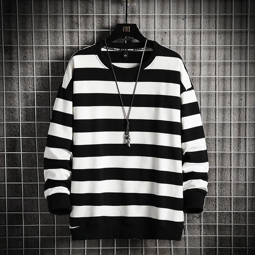 

Harajuku Style Men High Street Sweatshirt Stripe O-neck Sweatshirt Men Spring Autumn Fashion Long Sleeve Shirt 2021 New Cool